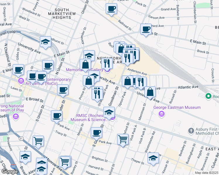 map of restaurants, bars, coffee shops, grocery stores, and more near 571 University Avenue in Rochester