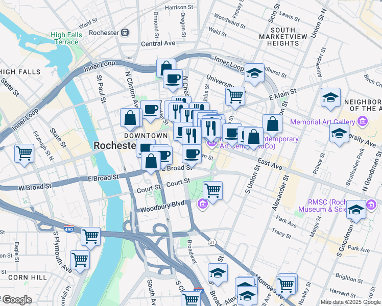 map of restaurants, bars, coffee shops, grocery stores, and more near in Rochester