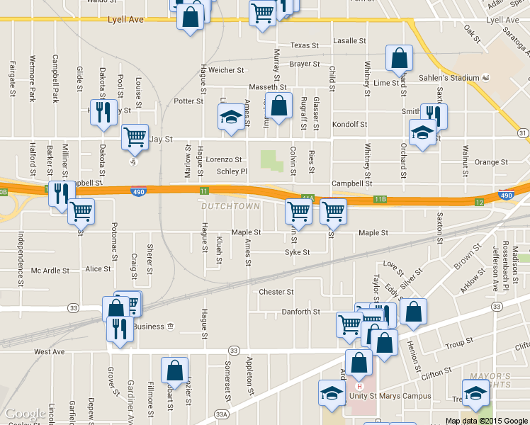 map of restaurants, bars, coffee shops, grocery stores, and more near 58 Cedar Street in Rochester