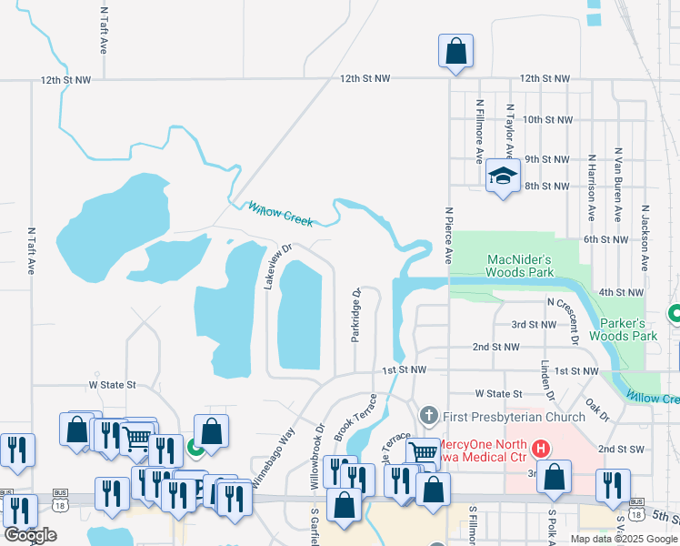 map of restaurants, bars, coffee shops, grocery stores, and more near 125 Lakeview Drive in Mason City