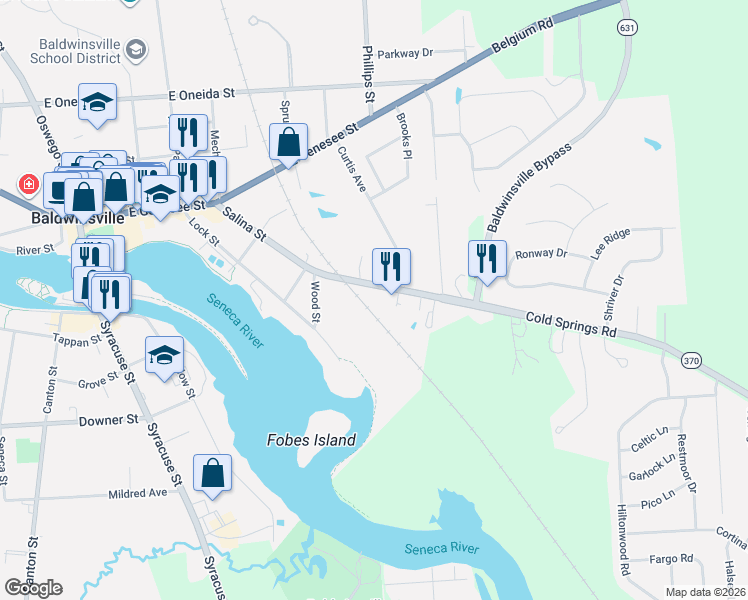 map of restaurants, bars, coffee shops, grocery stores, and more near 52 Salina Street in Baldwinsville