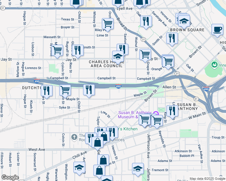 map of restaurants, bars, coffee shops, grocery stores, and more near 203 Wilder Street in Rochester