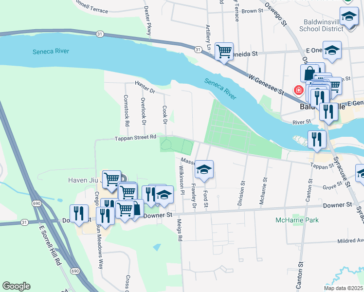 map of restaurants, bars, coffee shops, grocery stores, and more near 101 Tappan Street in Baldwinsville