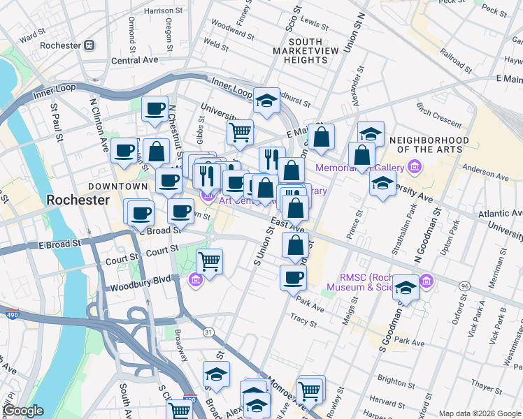 map of restaurants, bars, coffee shops, grocery stores, and more near 10-14 Winthrop Street in Rochester