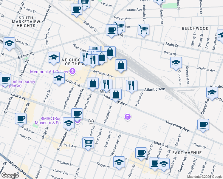 map of restaurants, bars, coffee shops, grocery stores, and more near 84 Atlantic Avenue in Rochester