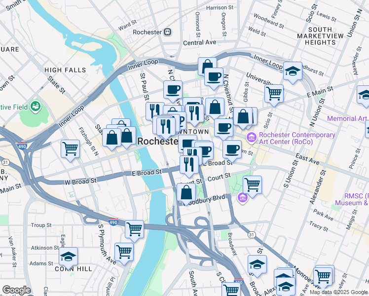 map of restaurants, bars, coffee shops, grocery stores, and more near in Rochester