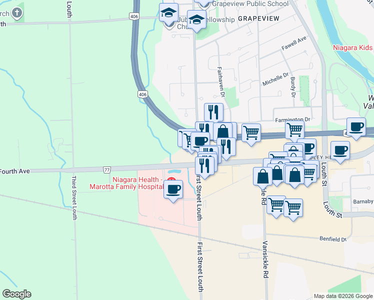 map of restaurants, bars, coffee shops, grocery stores, and more near 1179 Fourth Avenue in St. Catharines