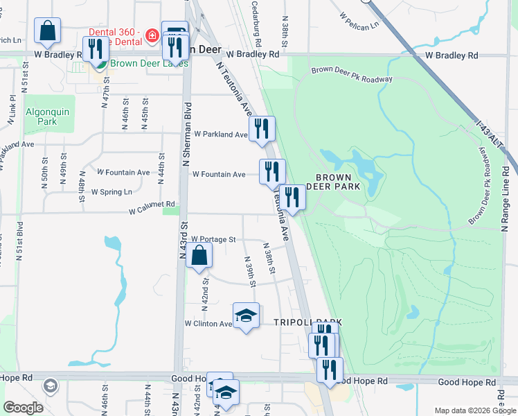 map of restaurants, bars, coffee shops, grocery stores, and more near 7649 North Teutonia Avenue in Brown Deer