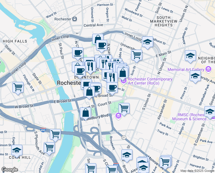 map of restaurants, bars, coffee shops, grocery stores, and more near 15 Euclid Street in Rochester