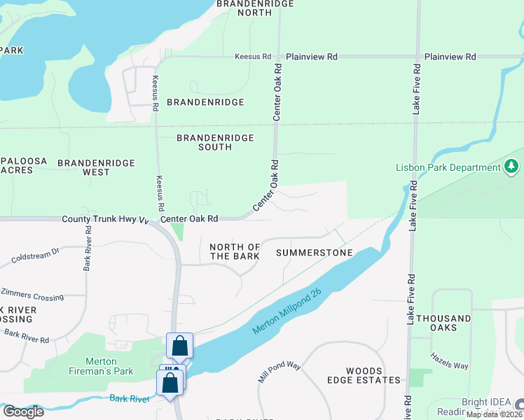 map of restaurants, bars, coffee shops, grocery stores, and more near N76W28065 Center Oak Road in Hartland