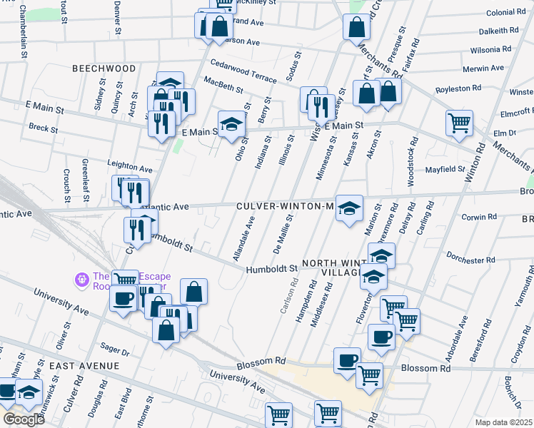map of restaurants, bars, coffee shops, grocery stores, and more near 851 Atlantic Avenue in Rochester