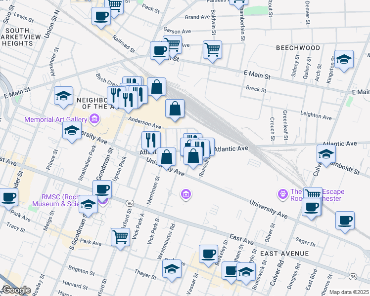 map of restaurants, bars, coffee shops, grocery stores, and more near 164 Atlantic Avenue in Rochester