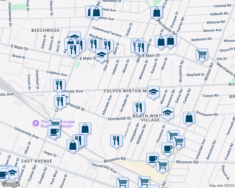 map of restaurants, bars, coffee shops, grocery stores, and more near 851 Atlantic Avenue in Rochester