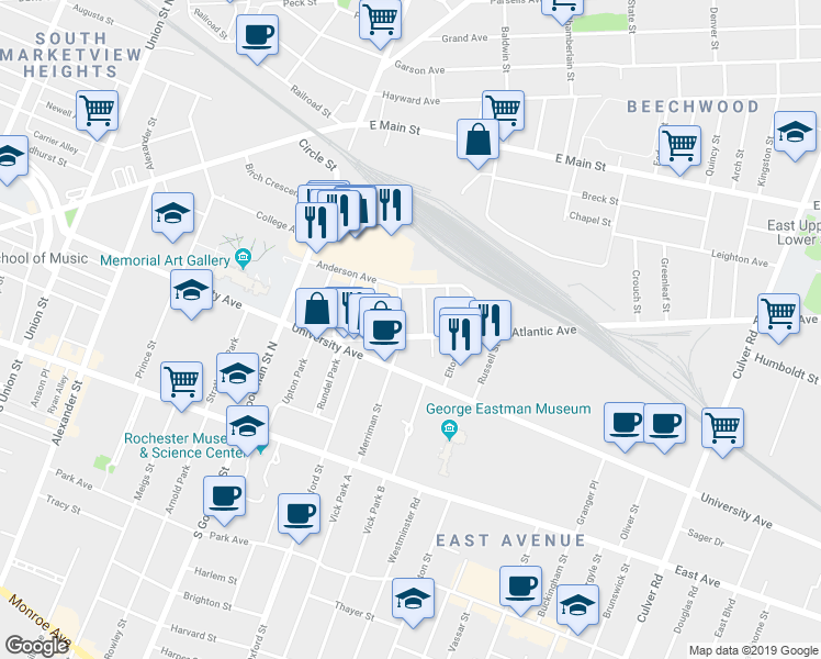 map of restaurants, bars, coffee shops, grocery stores, and more near 5 Fairmount Street in Rochester