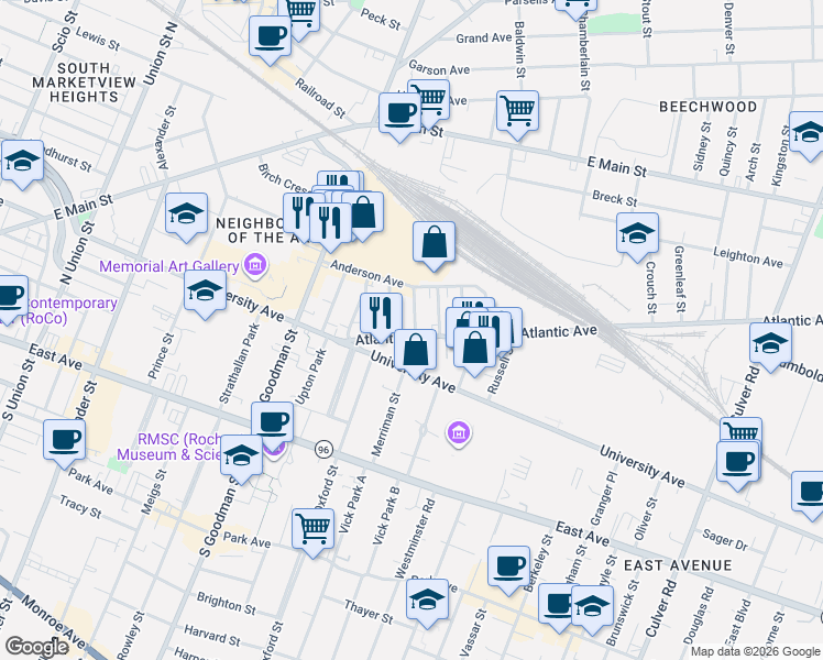map of restaurants, bars, coffee shops, grocery stores, and more near 5 Fairmount Street in Rochester