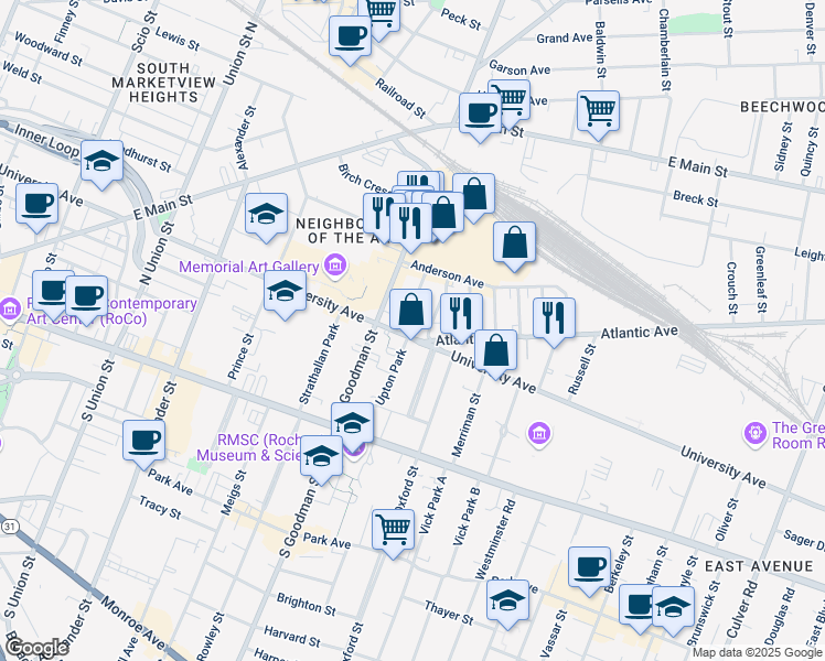 map of restaurants, bars, coffee shops, grocery stores, and more near 25 Beacon Street in Rochester