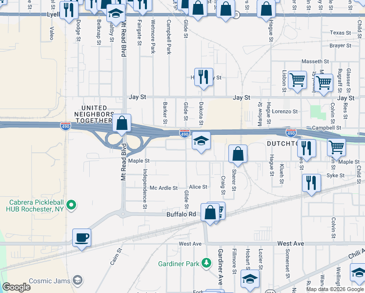 map of restaurants, bars, coffee shops, grocery stores, and more near 31 Chemung Street in Rochester