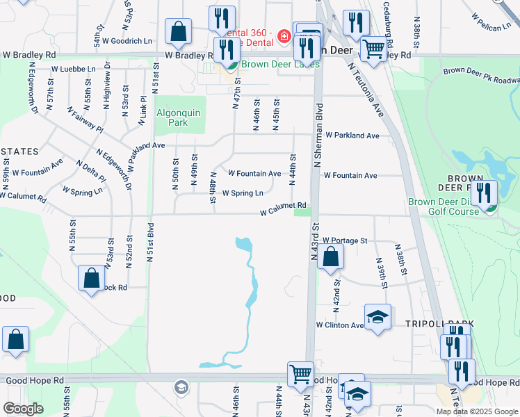 map of restaurants, bars, coffee shops, grocery stores, and more near 4539 West Spring Lane in Brown Deer
