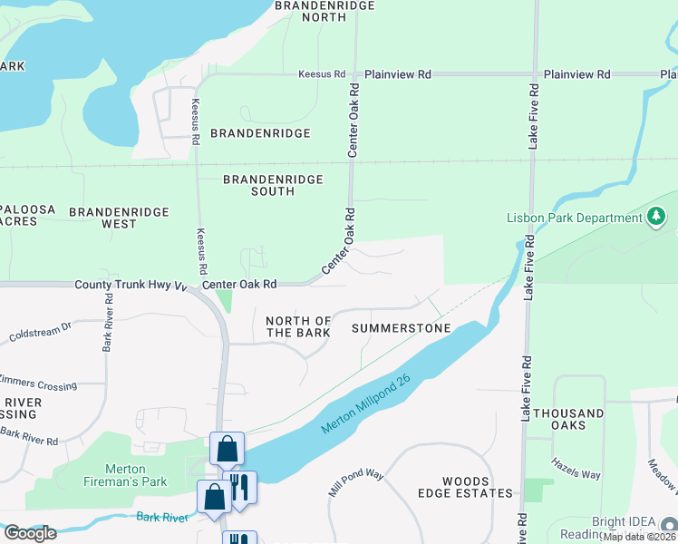 map of restaurants, bars, coffee shops, grocery stores, and more near N76W28065 Center Oak Road in Hartland