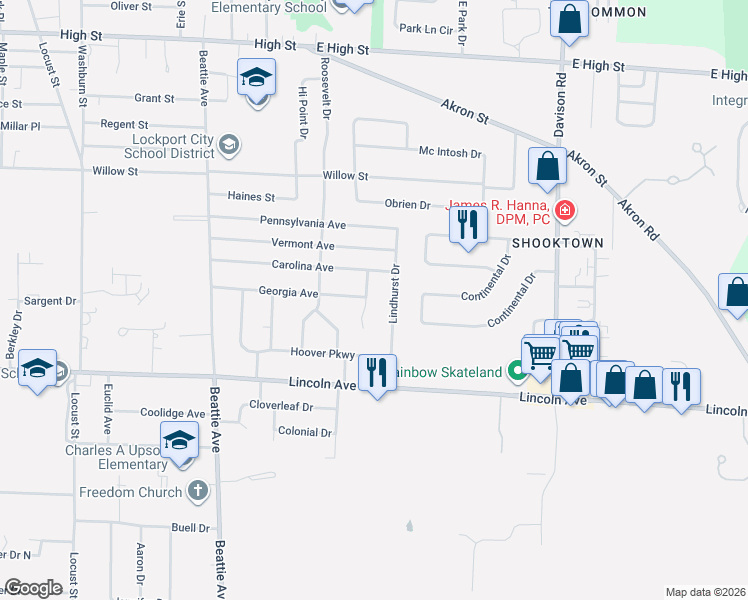 map of restaurants, bars, coffee shops, grocery stores, and more near 11 Alanview Drive in Lockport