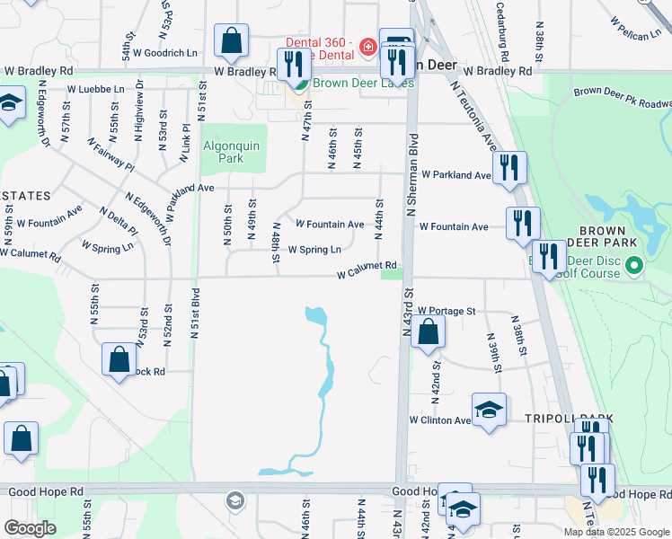 map of restaurants, bars, coffee shops, grocery stores, and more near 4539 West Spring Lane in Brown Deer