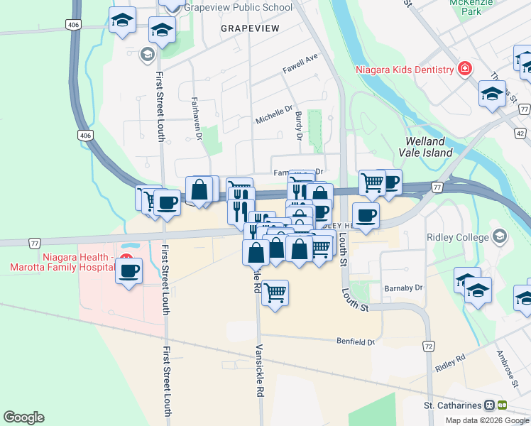 map of restaurants, bars, coffee shops, grocery stores, and more near 478 Vansickle Road in Saint Catharines