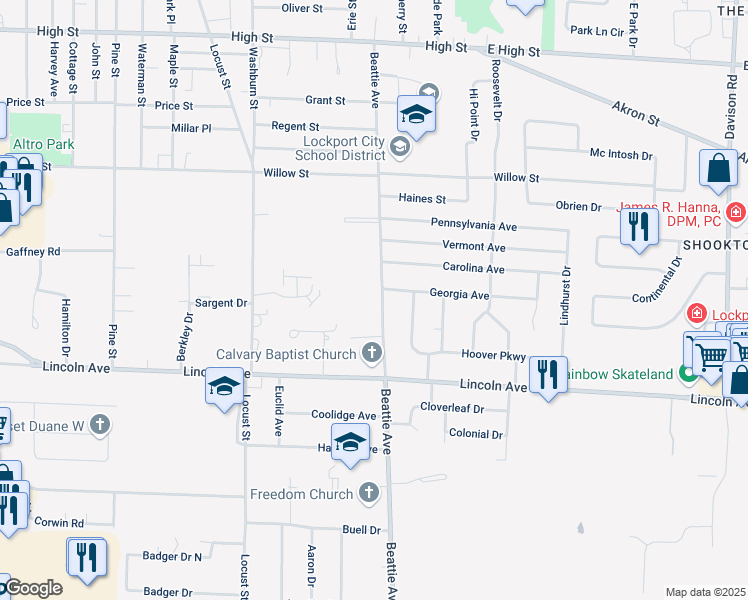 map of restaurants, bars, coffee shops, grocery stores, and more near 261 Beattie Avenue in Lockport