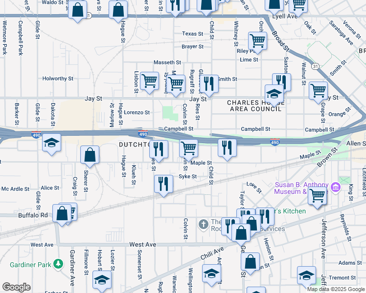 map of restaurants, bars, coffee shops, grocery stores, and more near 289 Colvin Street in Rochester