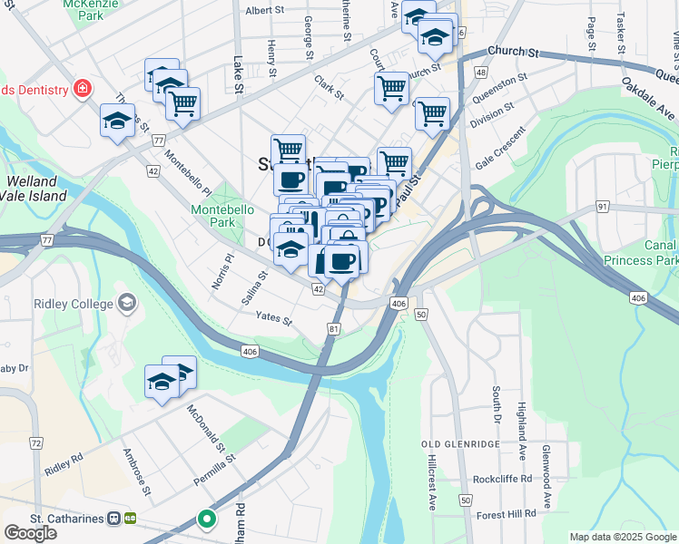 map of restaurants, bars, coffee shops, grocery stores, and more near 55 Saint Paul Street in Saint Catharines