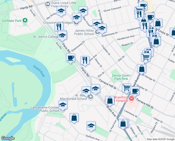 map of restaurants, bars, coffee shops, grocery stores, and more near 16 Brant Avenue in Brantford