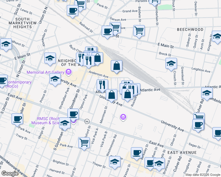 map of restaurants, bars, coffee shops, grocery stores, and more near 5 Fairmount Street in Rochester