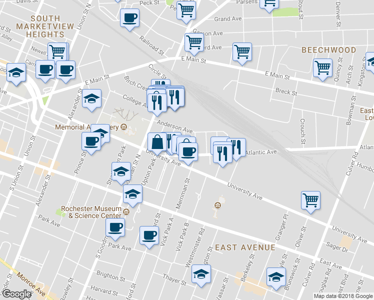 map of restaurants, bars, coffee shops, grocery stores, and more near 21 Delaware Street in Rochester