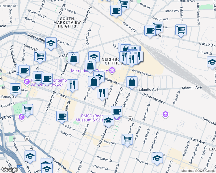 map of restaurants, bars, coffee shops, grocery stores, and more near 517 University Avenue in Rochester