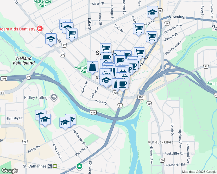 map of restaurants, bars, coffee shops, grocery stores, and more near 30 Ontario Street in Saint Catharines
