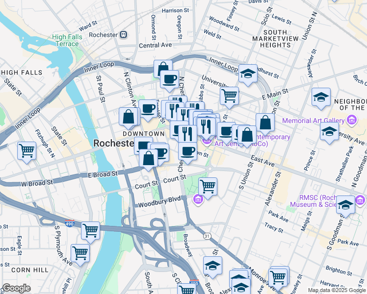 map of restaurants, bars, coffee shops, grocery stores, and more near 35 Chestnut Street in Rochester