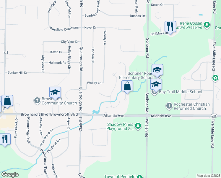 map of restaurants, bars, coffee shops, grocery stores, and more near 65 Tree Brook Drive in Rochester