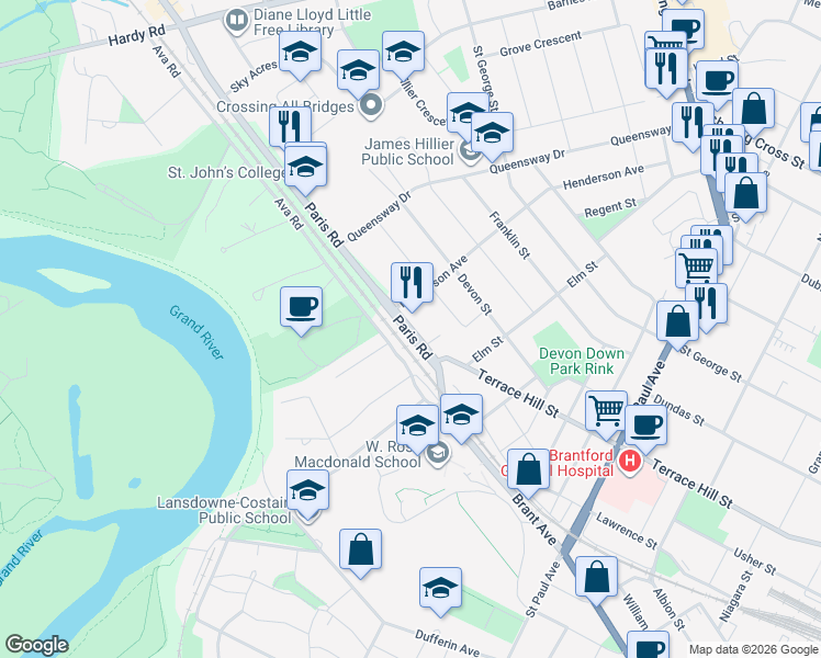 map of restaurants, bars, coffee shops, grocery stores, and more near 16 Brant Avenue in Brantford