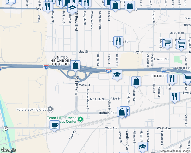 map of restaurants, bars, coffee shops, grocery stores, and more near 12 Bradfield Street in Rochester