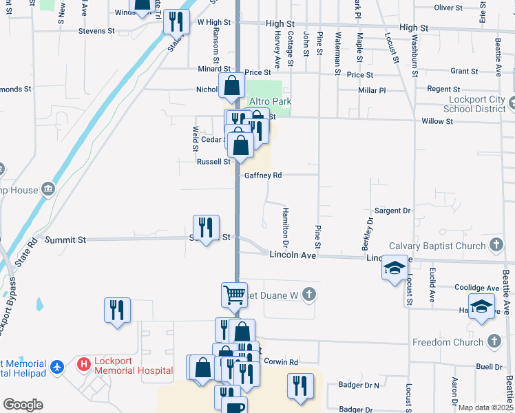 map of restaurants, bars, coffee shops, grocery stores, and more near 26 Jefferson Drive in Lockport