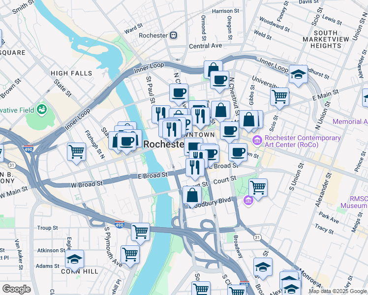 map of restaurants, bars, coffee shops, grocery stores, and more near in Rochester