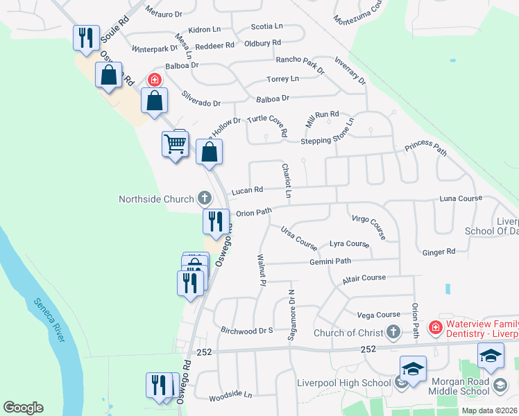 map of restaurants, bars, coffee shops, grocery stores, and more near 4161 Orion Path in Liverpool