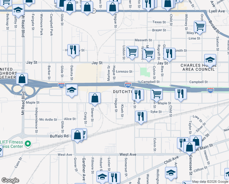 map of restaurants, bars, coffee shops, grocery stores, and more near 15 Mildred Street in Rochester