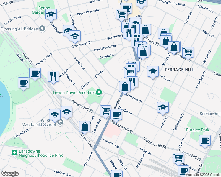 map of restaurants, bars, coffee shops, grocery stores, and more near 148 Saint George Street in Brantford