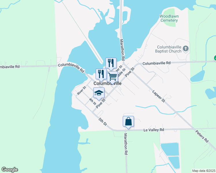 map of restaurants, bars, coffee shops, grocery stores, and more near 4479 1st Street in Columbiaville