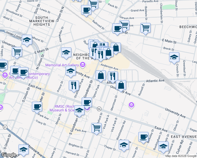 map of restaurants, bars, coffee shops, grocery stores, and more near 160 North Goodman Street in Rochester