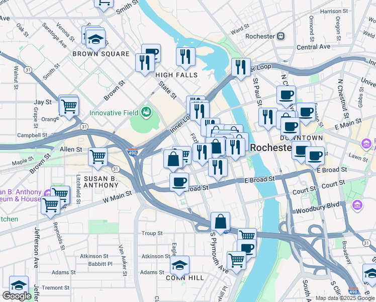 map of restaurants, bars, coffee shops, grocery stores, and more near 90 Plymouth Avenue in Rochester