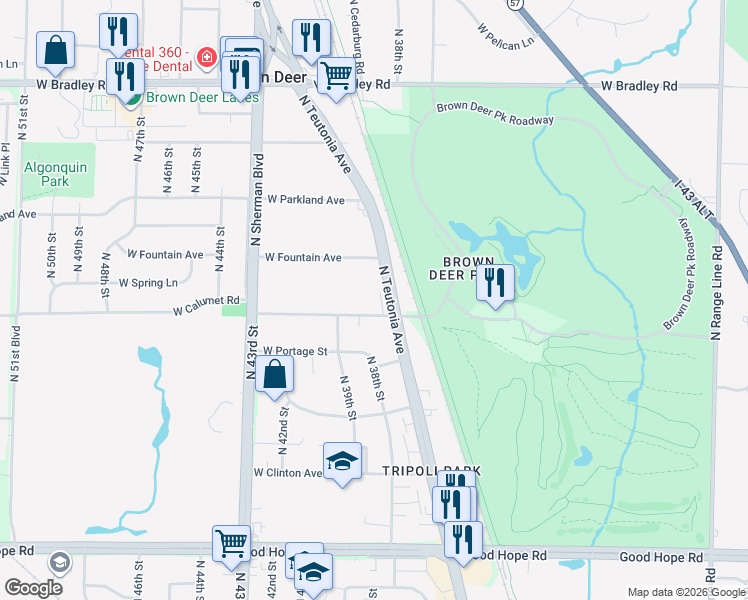 map of restaurants, bars, coffee shops, grocery stores, and more near 7649 North Teutonia Avenue in Brown Deer