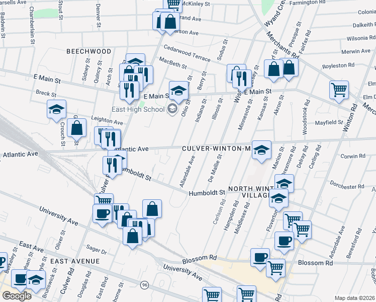 map of restaurants, bars, coffee shops, grocery stores, and more near 799 Atlantic Avenue in Rochester