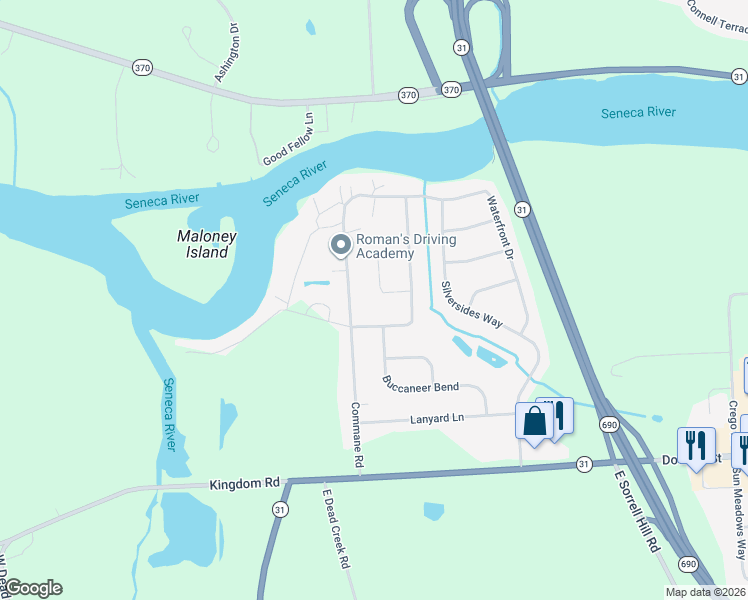 map of restaurants, bars, coffee shops, grocery stores, and more near 5 Commodore Cir in Baldwinsville