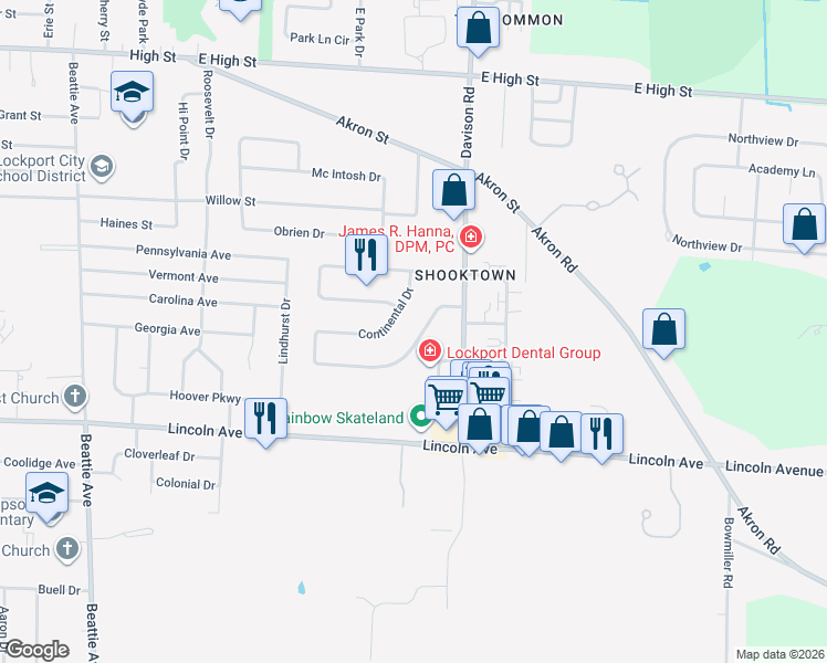 map of restaurants, bars, coffee shops, grocery stores, and more near 295 Continental Drive in Lockport